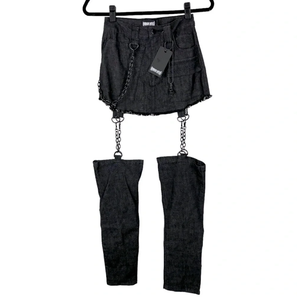 DOLLS KILL DARKER WAVS BLACK WASHED CARGO MINI SKIRT CHAIN GARTER LEG WARMERS - Picture 2 of 12